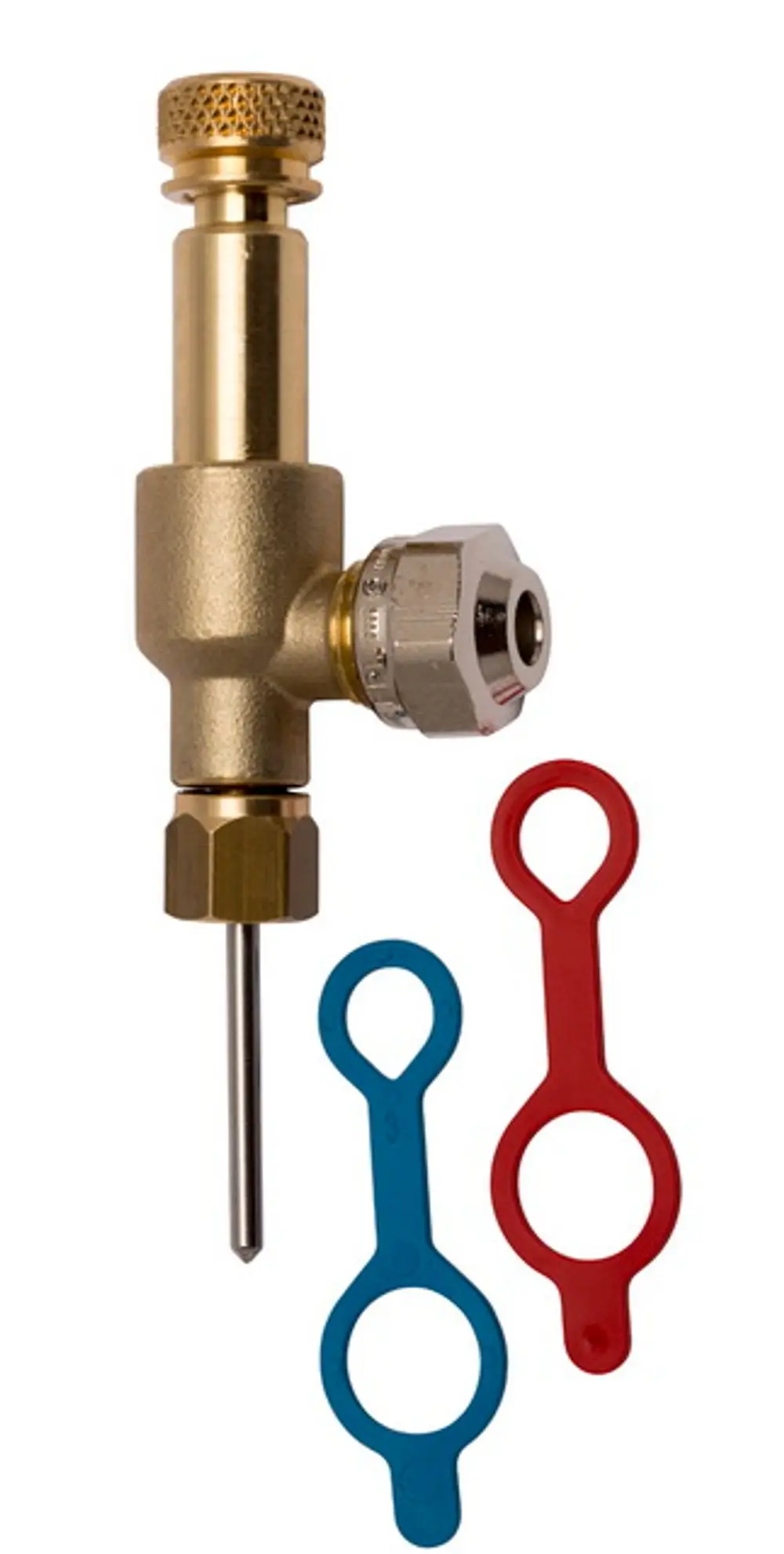 Messanschluss in Gold mit zwei Kunststoff-Elementen in Blau und Rot, verwendet für den Anschluss und die Messung. Produkt von IMI Hydronic Engineering.